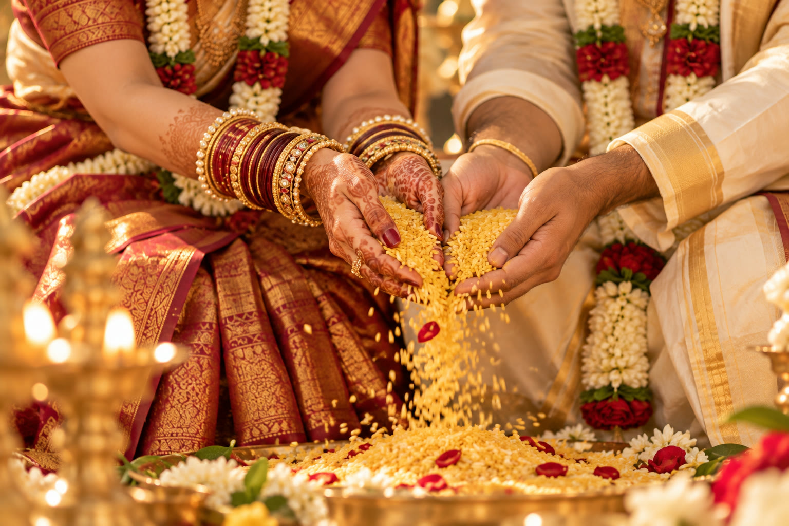 Hands of a bride and groom during a Telugu wedding ritual
